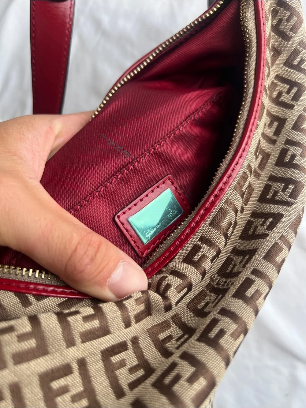 BNWOT vintage Fendi Zucchino FF Brown Monogram canvas Chef hobo bag Red Dust bag
